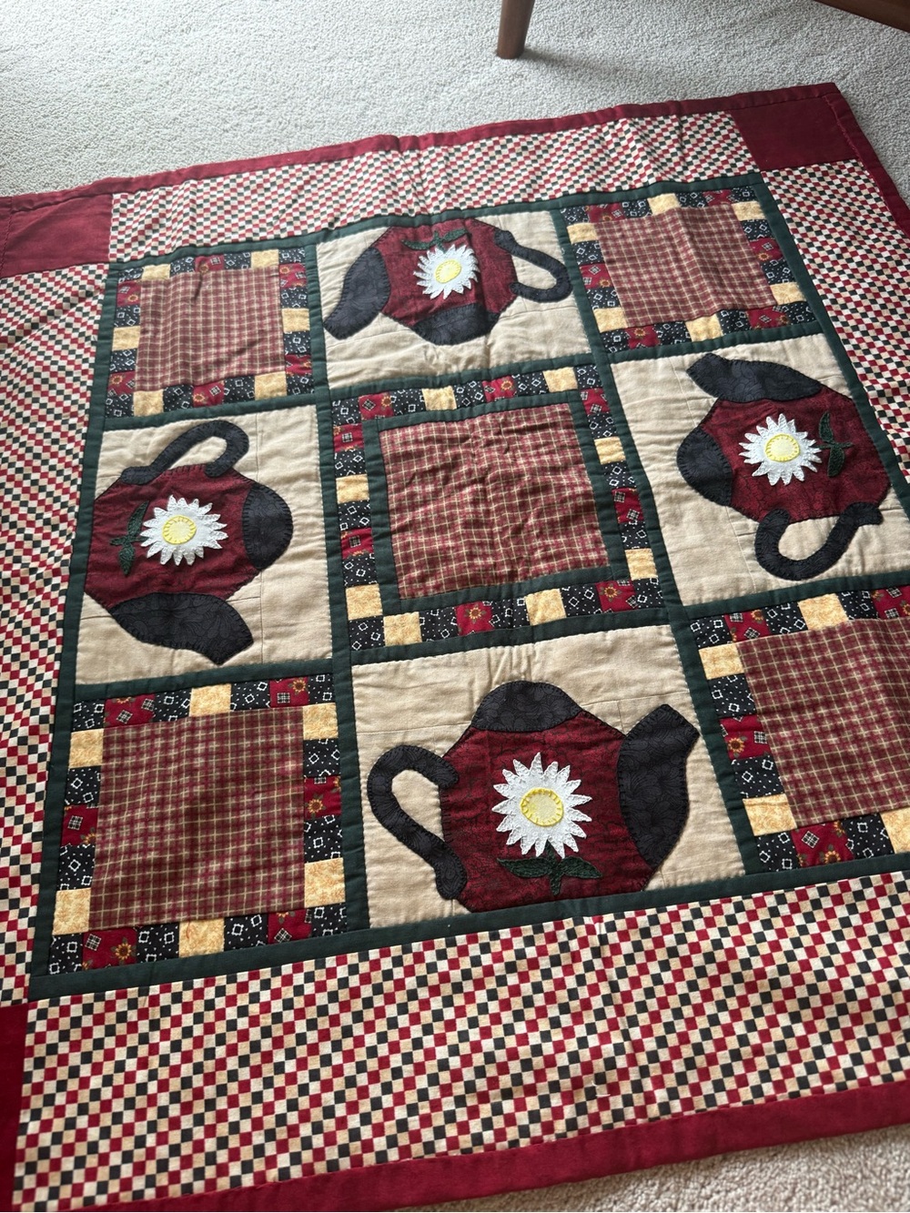 Handmade Red Teapot Patchwork Quilt - Rustic Floral Design 33” x 32”